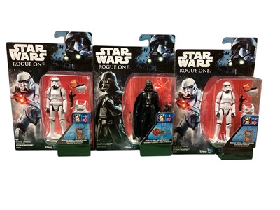 Lot 1815 - Hasbro (c2016) Star Wars Rogue One 3.75" action figures Darth Vader B9842, Stormtrooper B7280 (x2), Sergeant Jen Esso (Jedha) B9846, Director Krennic B7281 & Chrrut Imwe B7276, with Movie He...