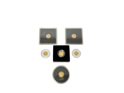 Lot 439 - G.B. - Mixed gold coins to include 22ct ¼ Sovereigns 2013 x 2, 2016, 2019 (N.B. Four sided Britannia) & Alderney £5 proofs, 24ct 0.5gms coins 2019 x 2 (N.B. With Certificates of Authenticity...