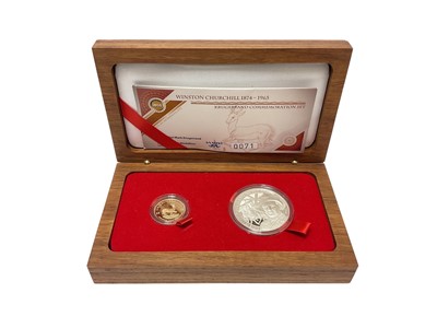 Lot 450 - South Africa - Winston Churchill Krugerrand commemorative two coin set to include gold proof ¼ oz 2015 & silver 1 oz medallion (N.B. Cased with Certificate of Authenticity) (1 coin set)