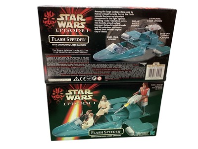Lot 1805 - Hasbro (c1999) Star Wars Episode 1 Flash Speeder 84191 (x2), Opee & Qui-Gon Jinn 84096, Watto 26233, Sith Speeder & Darth Maul 84135, Comm Talk 84151, all boxed, Yo-Yos and seven 3.75" a...