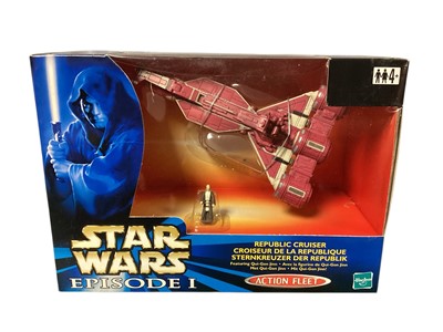 Lot 1809 - Hasbro (c1999) Star Wars Episode 1 Sebulba's Podracer 79044 (x2), Republic Cruiser 79045, Naboo Fighter 79042, Jar Jar Binks & Naboo 66551, all boxed & Four Micro Machines (1 box)