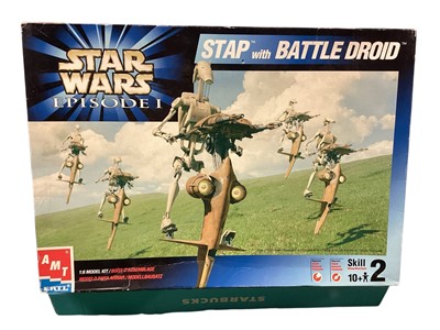 Lot 1812 - Star Wars AMT 1:6 scale Stap & Battle Droid & Tie Fighter, Revell Millennium Falcon 1:241 scale model kits, boxed, Lego Clone Trooper & Battle Droid Pack 75372, Hasbro Resistance Ski Speeder C125...