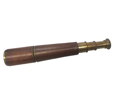 Lot 2900 - Brass and leather three draw telescope engraved 'W. Ottway & Co, Ealing, 1908, No 3637, Tel. Sig (Mk. II)' with broad arrow mark, 83.5cm when extended