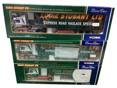 Lot 1840 - Corgi Limited Edition Collectables Eddie Stobbart diecast lorries including Man TGA XL step frame curtain side trailer CC13405, DAF XF super space cab curtain side CC13201 & Scania T-Cab bul...