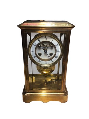 Lot 2919 - French brass cased four glass mantel clock with 8 day movement striking on a bell
