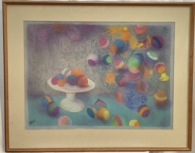 Lot 262 - Bernard Myers (1925-2007) oil pastel, ‘Decorations’, 50cm x 70cm, signed with initials, glazed frame