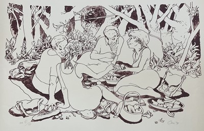 Lot 109 - Frederick Cress (Australian 1938-2009) ink on paper and related lithograph - Evening Picnic 1, signed and dated '97, one framed