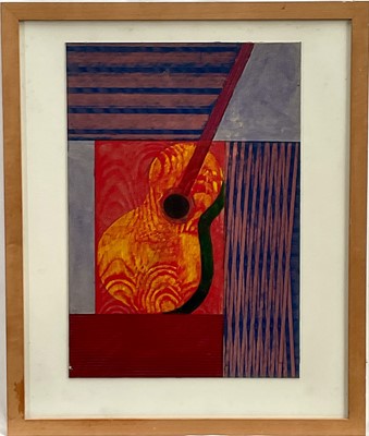 Lot 108 - Theodore Mendez (1934-1997) oil on board, 'Post Cubist guitar painting', titled and signed verso, 41cm x 28cm, glazed frame