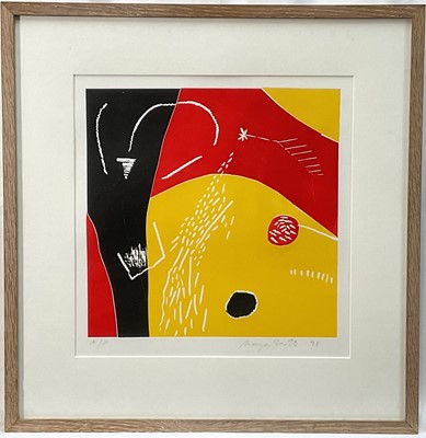 Lot 207 - Manja Scott (b. 1945) print, abstract, and three further works by other hands including anonymous silkscreen - Matisse and the creature; print by Marx Vaea; Brenda Luckin mixed media after Turne...