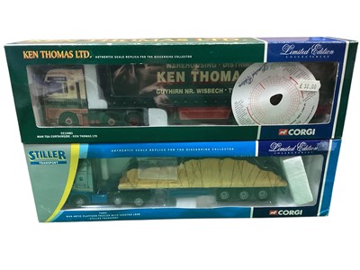 Lot 1842 - Corgi Limited Edition diecast lorries including Stiller Transport Man Artic Platform Trailer with sheeted load 76801 & Ken Thomas Man TGA curtainside CC13493, plus others and two boxes of co...