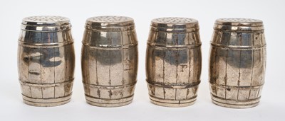 Lot 259 - Set of four Victorian Indian silver pepperettes by Hamilton & Co in the form of barrels