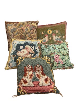 Lot 2564 - Hand embroidered tapestry cushions, designs include pair of Staffordshire dogs, pair of doves, floral etc.