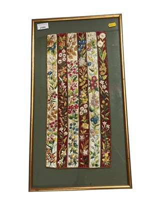 Lot 2580 - Antique embroidered polychrome silk borders, two petit point embroidered panels, contemporary tapestry panel all framed and glazed