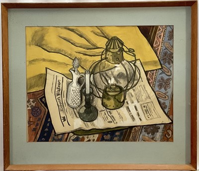Lot 36 - Valerie Daniel, 20th Century, mixed media, 'Still Life with Hurricane Lamp', signed, titled to label verso, 37cm x 47cm, glazed frame
