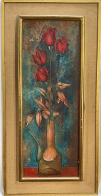 Lot 37 - Pierre Henry (1924-2015) oil on board, Roses, signed and dated '58, 72cm x 26cm, gallery label verso, framed
