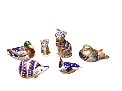 Lot 2211 - Six Royal Crown Derby paperweights including Kittens, Ducks, Hedgehog etc