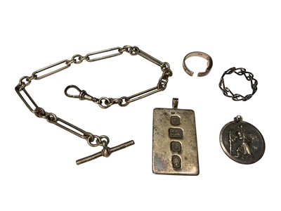 Lot 194 - Group of silver and white metal jewellery to include a silver watch chain, silver ingot pendant, white metal St. Christopher pendant and two rings