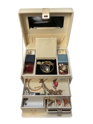 Lot 195 - Jewellery box containing gold-plated bangle, chains, various earrings etc