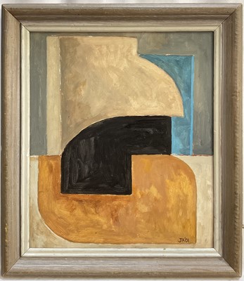 Lot 73 - Contemporary abstract oil on board, 'Blue Quay I', signed with initials J.A. and dated '01, 34cm x 29cm, framed