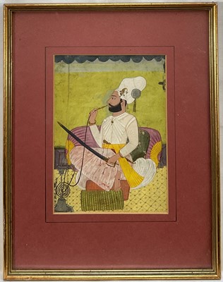 Lot 75 - Persian miniature, man smoking, 18.5cm x 13.5cm, glazed frame