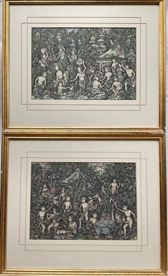 Lot 150 - Balinese School, pair scenes in the jungle, 19cm x 27cm, bearing signatures, glazed frames