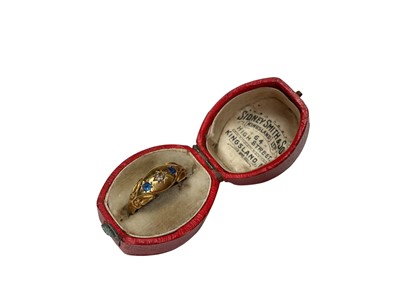 Lot 157 - Victorian 18ct gold sapphire and diamond three stone gypsy set ring (Chester 1899)