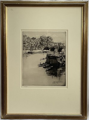 Lot 65 - Eugene Bejot (1867-1931) etching with aquatint, Le Petit Bras de la Seine au Pont Marie, 32cm x 25cm, signed, in glazed frame.