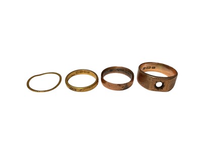 Lot 160 - 22ct gold wedding ring, two 9ct gold rings (one with stone missing) and a very thin yellow metal ring (4)