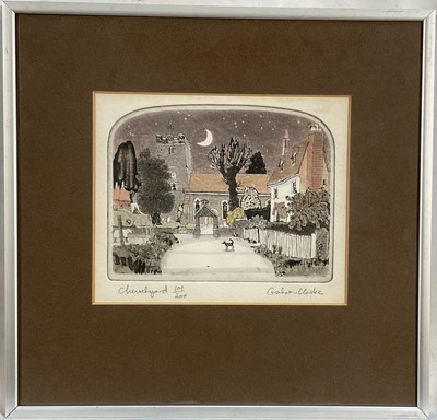 Lot 95 - Graham Clarke (b. 1941) limited edition hand coloured etching, Churchyard, 109/200, signed,16cm x 19cm, in glazed frame.