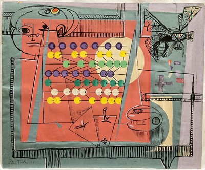 Lot 15 - Peter Foldes (1924-1977) mixed media on board, Untitled, Abacus, signed and dated 1948, 48cm x 57cm, unframed