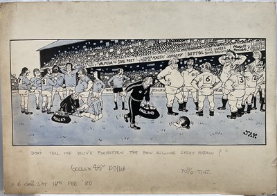 Lot 62 - Two JAK original cartoons - England v Scotland Football and England v Wales Rugby, pub Daily Express 1980/81, 28cm x 70cm