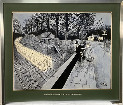 Lot 63 - JAK original cartoon - ‘They say Lord Lucan is in the Second Carriage’, Ghost train, published Daily Express 1980, glazed frame