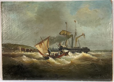 Lot 131 - Manner of Herman Mervius, oil on canvas laid on panel, A paddle ship and fishermen, 27cm x 37cm, unframed