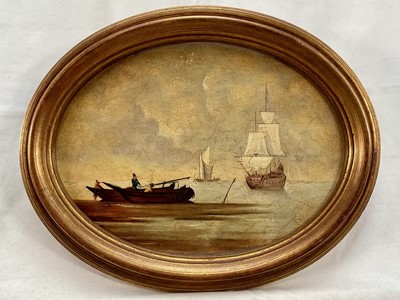 Lot 261 - 19th century style marine painting, oval, warship, 17cm x 22.5cm, oval gilt frame