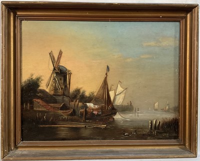 Lot 134 - Dutch School oil on canvas laid on board, Dutch fishing smack moored near a windmill, 26cm x 34cm, framed