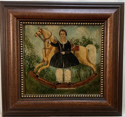 Lot 195 - English School, oil on board, Girl and Rocking Horse, 27cm x 30cm, wooden frame