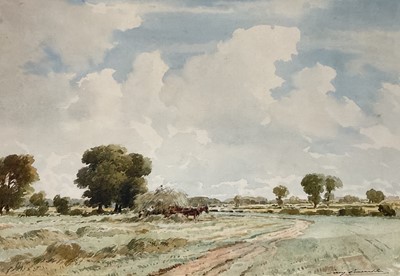 Lot 137 - Percy Lancaster (1878-1950) watercolour, 'A Cheshire Hayfield', signed, inscribed to label verso, 22cm x 32cm, glazed gilt frame