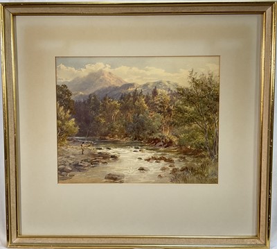 Lot 136 - E. A. Warmington, watercolour, Trout fishing, signed with initials, dated 1894, 23cm x 29cm, glazed gilt frame