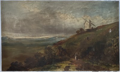 Lot 139 - Alfred Henry Vickers oil on canvas, large landscape with windmill and figures, 76cm x 127cm, unframed