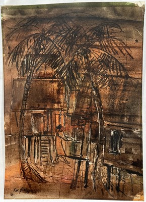 Lot 139 - Kee Yong (Singaporean 20th century) mixed media, Figure beside houses and palm trees, signed and dated (19)’62, 51cm x 37cm, unframed
