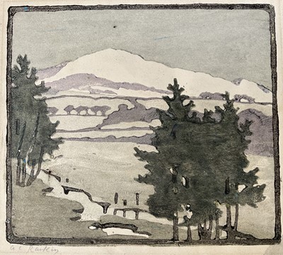 Lot 141 - Arabella Louisa Rankin (1871-1943) colour woodcut, Canadian mountains, signed below in pencil, 18cm x 20cm, unframed
