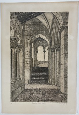 Lot 103 - Valerie Thornton (1931-1991) limited edition etching, Romanesque Church, Segovia Spain, signed and dated ‘79, 14/150, 62cm x 39cm, unframed