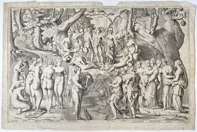 Lot 140 - 16th century engraving by Aenea Vicus (Enea Vico) 1553, after Pierino del Vaga, printed Antonio Lefrery, The Challenge of the Pierides, 24.5cm x 38.5cm
