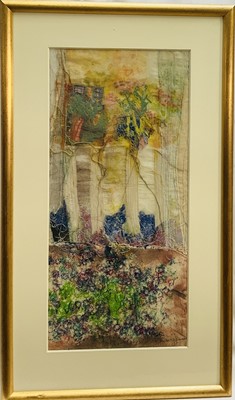 Lot 122 - Textile composition, landscape, signed indistinctly, 61cm x 28cm, glazed frame