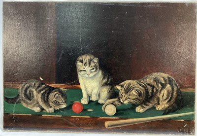 Lot 64 - V.A.Turner, early 20th century oil on canvas, Cats playing Billiards, 38cm x56cm, signed, unframed.