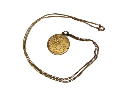 Lot 51 - Edward VII gold half sovereign, 1906, in 9ct gold pendant mount on 9ct gold chain
