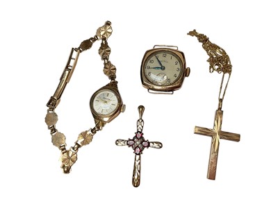 Lot 52 - 1940s 9ct gold cased Rotary watch, 9ct gold Accurist wristwatch on 9ct gold bracelet, two 9ct gold cross pendants, one on a 9ct gold chain