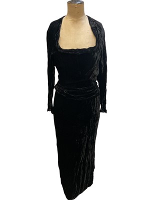 Lot 2506 - 1920s black crushed velvet evening gown with draped sash, c.1930s backless green crushed velvet dress gathered at waistline and a 1950s cocktail dress, boned bodice with lace insert and stiff...