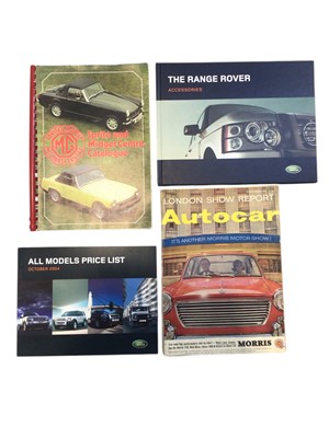 Lot 146 - Three boxes of car and motorbike manuals, leaflets and others, including Land Rover price lists, MG Midget catalogue and others