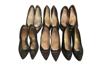 Lot 2514 - Selection of vintage evening shoes, makes include Lotus by Mario Valentino, embroidered shoes Charles Jordan, Rayne, Ferragamo. Plus a box of vintage gloves, some evening gloves.